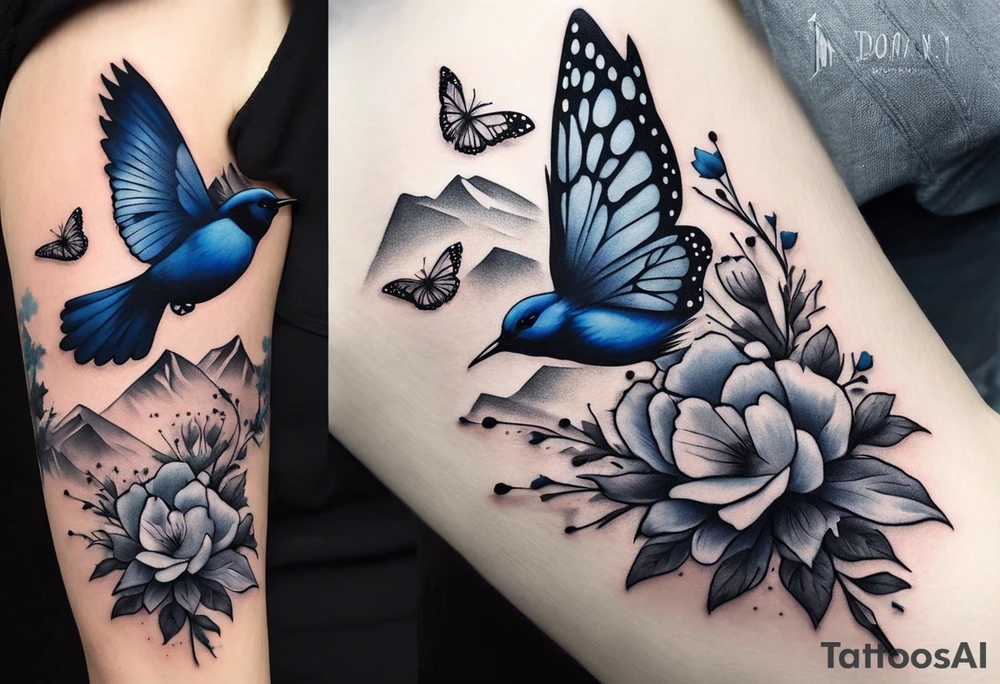 Rocky mountain peak with mountain blue birds and monarch butterflies with wild prairie roses for a half sleeve tattoo idea