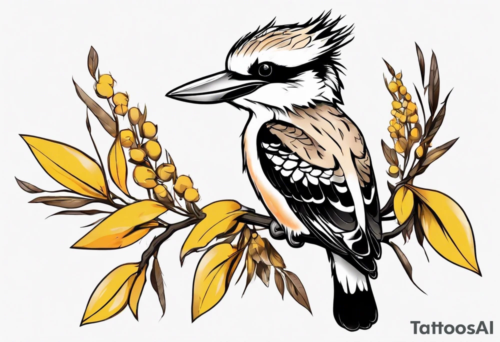 kookaburra sitting on wattle leaves tattoo idea