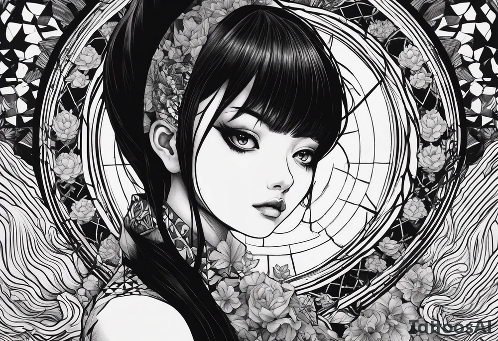 Une image style tattoo du personnage Tomie de Junji ito avec des détails lié a son univers sur les cotés comme des spira tattoo idea