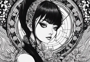 Une image style tattoo du personnage Tomie de Junji ito avec des détails lié a son univers sur les cotés comme des spira tattoo idea