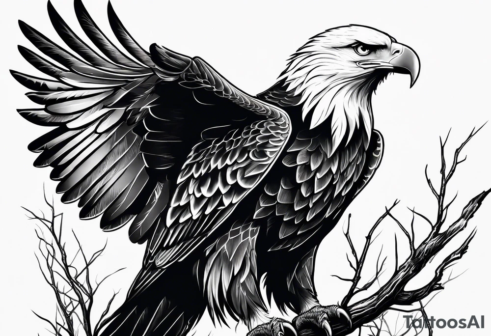 Bold eagle perched on branch tattoo idea