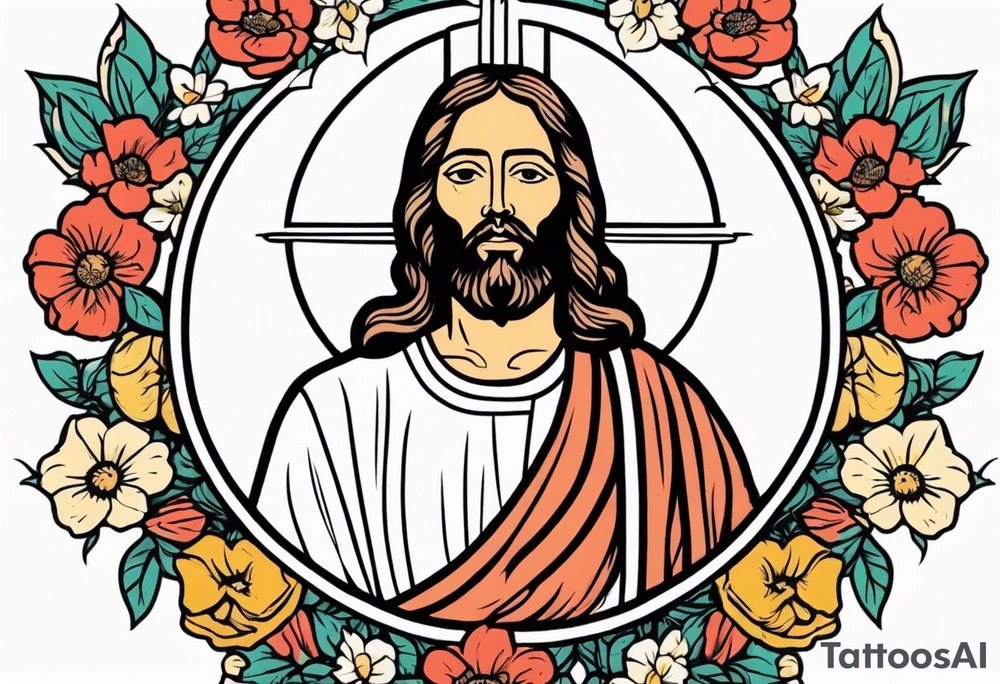 jesus
old school vintage simple traditional design with vintage flowers surrounding
bold color simple tattoo idea