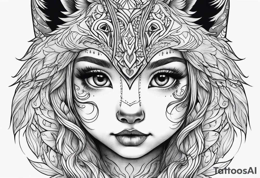 Half girl toddler face half wolf face tattoo idea