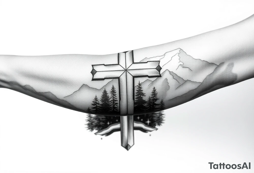 russian christian orthodox cross which is relatively small, with the diagonal line at the bottom with a light forrest with a light mountainous setting tattoo idea