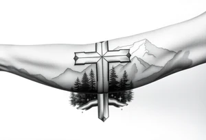 russian christian orthodox cross which is relatively small, with the diagonal line at the bottom with a light forrest with a light mountainous setting tattoo idea