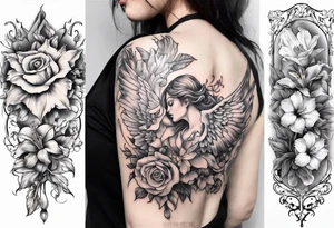 crying broken angel add rose, lily daffodil, daisy, carnation narcissus around add hummingbird tattoo idea