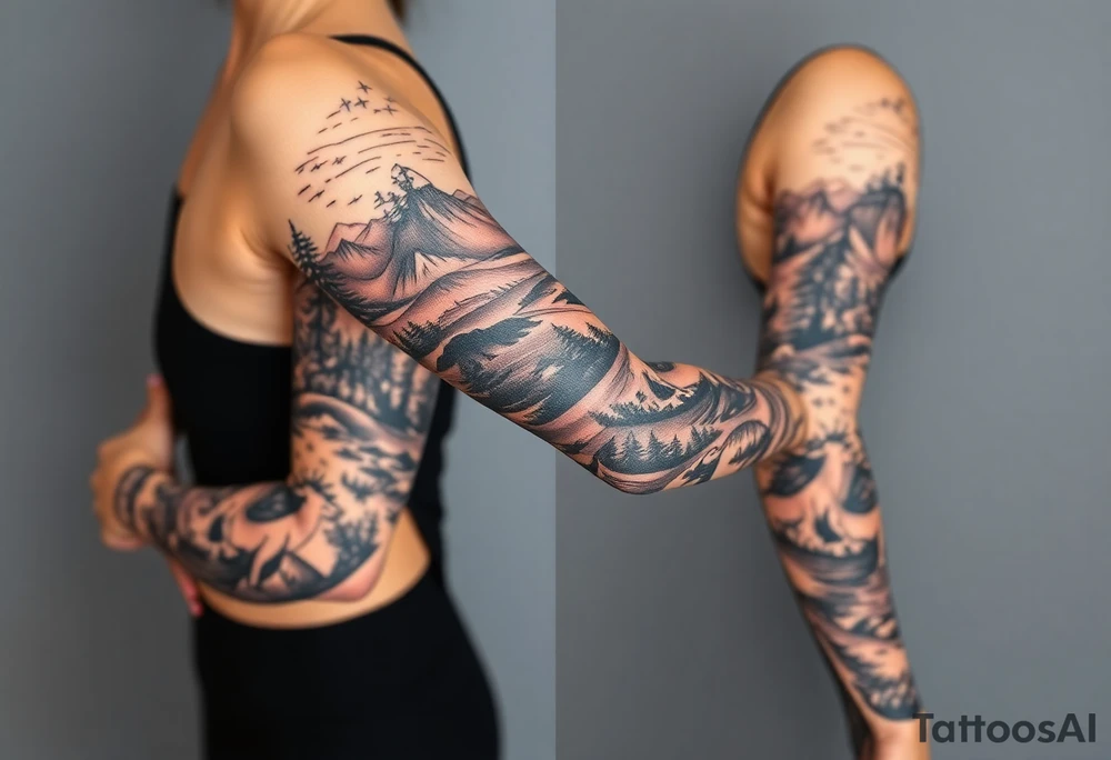 A full-sleeve with the Härjedalen landscape, reindeer, bear, lakes tattoo idea