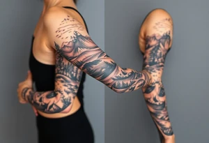 A full-sleeve with the Härjedalen landscape, reindeer, bear, lakes tattoo idea