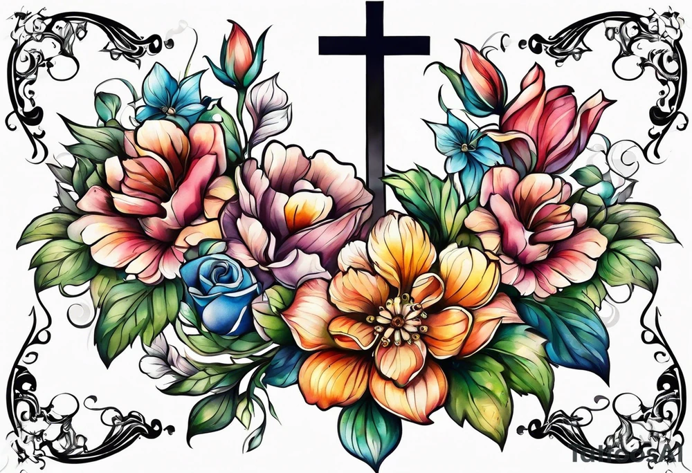 Flowers around a cross tattoo idea