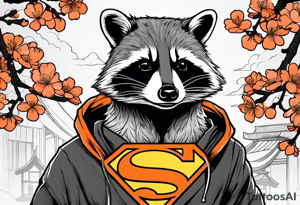 raccoon wearing a black and white Superman hoodie and orange Japanese cherry blossoms tattoo idea