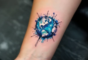 A linework planet Earth filled with watercolor splashes of turquoise, jade, and indigo rests on the inner wrist. tattoo idea