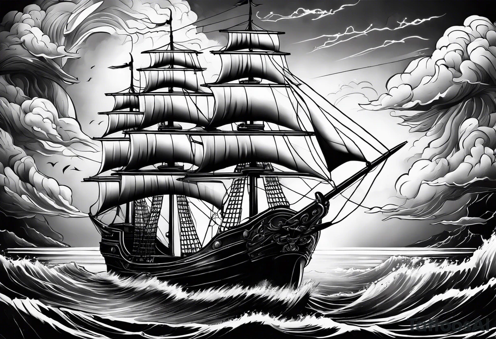 fairy Ship on the sea with storm clouds and lightning tattoo idea