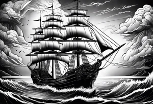 fairy Ship on the sea with storm clouds and lightning tattoo idea