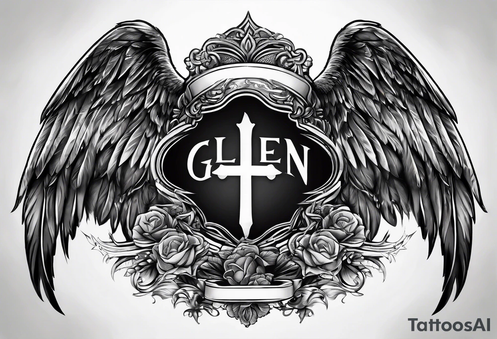 The word Glenn on a banner with angel wings tattoo idea