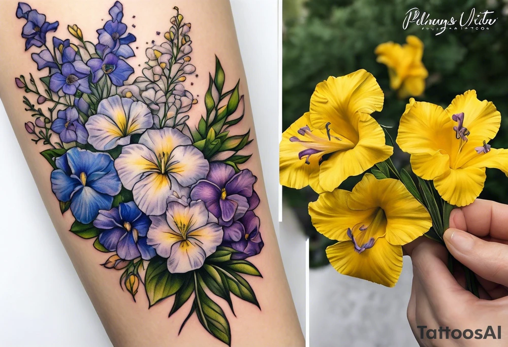 Bouquet tattoo tied with a ribbon With the following flowers on forearm. 
Carnations
Lilly’s 
Larkspur 
Morning glory 
Iris 
Yellow cedar
Yellow elder 
Forget me not 
Purple violets 
Lingum vitae 
Dogwood flower tattoo idea