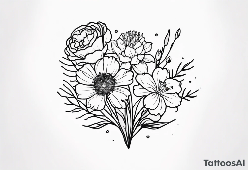 small minimal black and white tattoo of a flower bouquet that MUST include 6 DIFFERENT flowers with ONE OF EACH: a carnation, a daffodil, a lily stock, a rose, a cosmos, and a chrysanthemum. tied together with a small bow tattoo idea