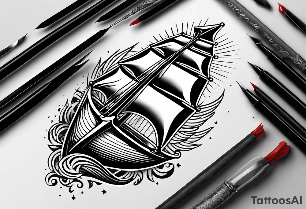 a ship anchor with a large S through the anchor and angle wings on the left and right side. ocean waves in the background tattoo idea