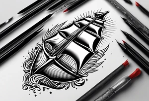 a ship anchor with a large S through the anchor and angle wings on the left and right side. ocean waves in the background tattoo idea