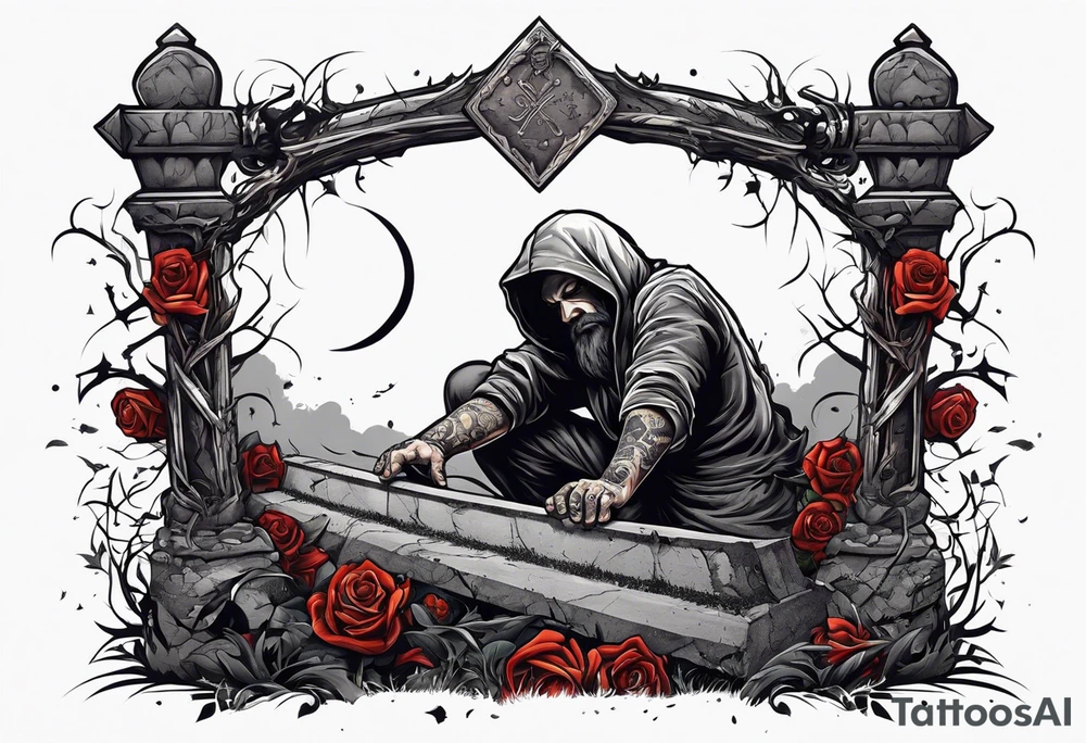 Man crawling out of grave. 
MIW Reincarnate written on gravestone tattoo idea