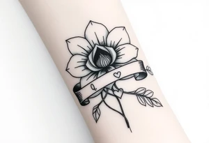 A beautiful flower with a card queen sign and a ribbon tied around the flower with banríona and a small heart tattoo idea