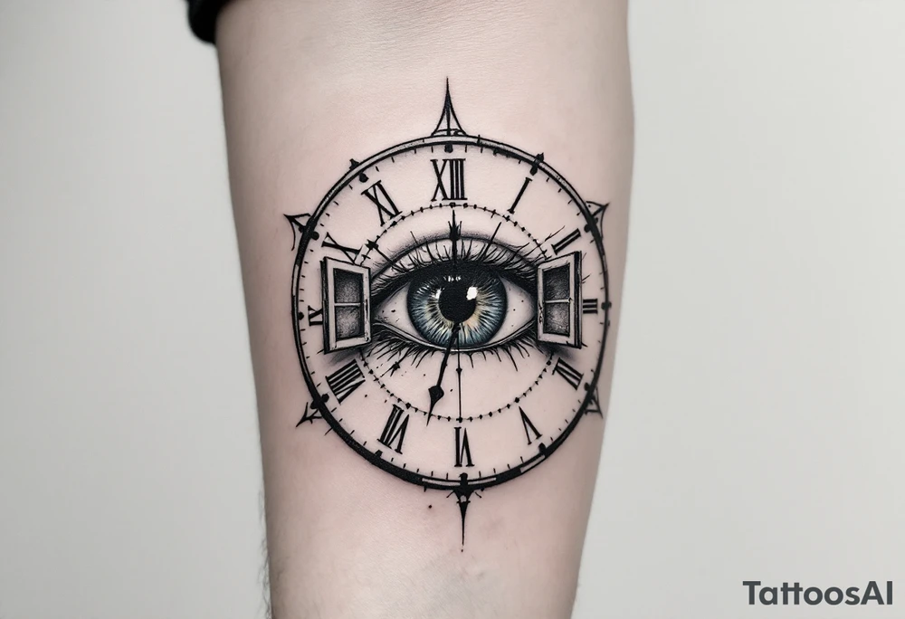 A surreal clock with an eye in place of the dial, eyelids opening like doors, intricate detail, realistic shading, black and gray. tattoo idea