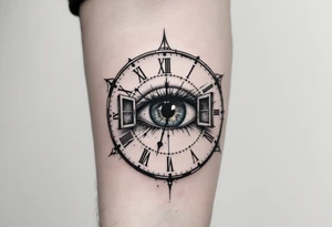 A surreal clock with an eye in place of the dial, eyelids opening like doors, intricate detail, realistic shading, black and gray. tattoo idea