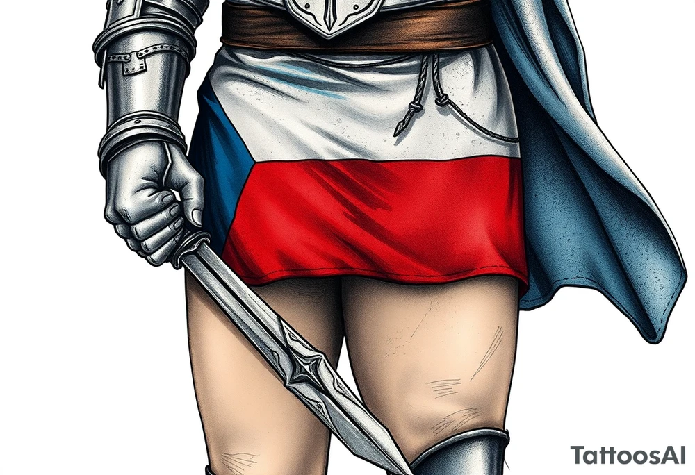 A knight in medieval armor holding a Czech flag (blue, white, red), inspired by Hussite warriors, with battle-worn silver and red tones. tattoo idea