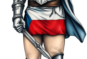 A knight in medieval armor holding a Czech flag (blue, white, red), inspired by Hussite warriors, with battle-worn silver and red tones. tattoo idea