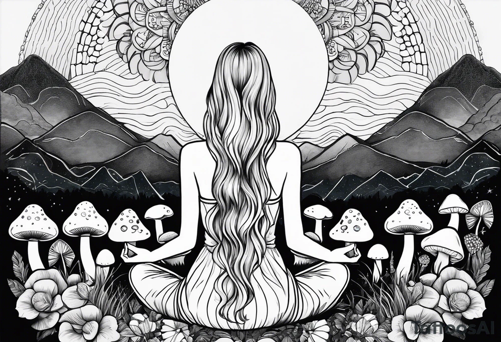 Straight blonde hair girl holding mushrooms in hand meditating facing away toward mountains surrounded by mushrooms crescent moon mandala circular design black and white striped dress tattoo idea