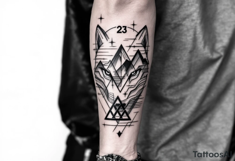 **Tattoo Description for the Left Arm**

The tattoo should be a half-sleeve on the left forearm, in black and gray with simple geometric details and realistic shading.

### **Key Elements:**

1. **Wolf Eyes (Partial)**  
   - Partial wolf eyes with a strong, focused gaze.  
   - Geometric lines to suggest instinct, leadership, and strength.

2. **Number 23**  
   - The number 23 placed near the eyes or subtly in the design.

3. **Mountain or Peak**  
   - A simple mountain above the eyes, representing ambition and the goal of becoming a millionaire by age 37.

4. **Three Interwoven Triangles**  
   - Three interlocked triangles below the eyes, symbolizing family connection and brotherhood.

5. **Motion Lines**  
   - Clean lines suggesting movement, speed, and a dynamic personality.

6. **Nürburgring Curves**  
   - Subtle, abstract curves in the background inspired by the Nürburgring circuit, representing a passion for motorsport.

### **Overall Composition:**
- The wolf's eyes as the central focus.  
- Balanced design with clean lines and smooth shading.
- Geometric and minimalistic style.

This tattoo should convey ambition, strength, growth, family, and a passion for motorsport. tattoo idea