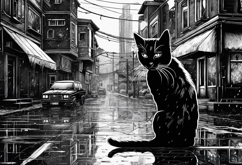 post apocaliptic city, with cat, rain tattoo idea