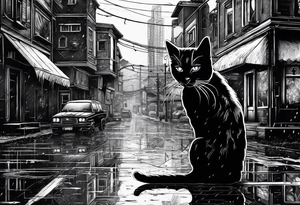 post apocaliptic city, with cat, rain tattoo idea