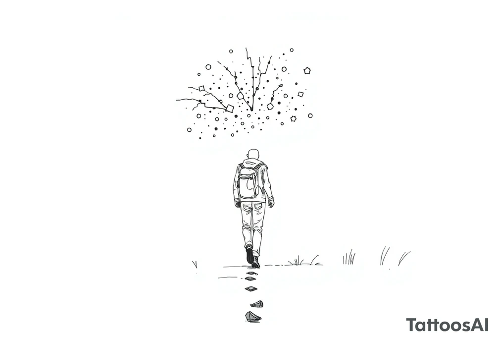 Everything everywhere all at once :Confusion and pressure in thin lines solo traveler with no face with his body parts left on the path behind him he’s walking carefully tattoo idea