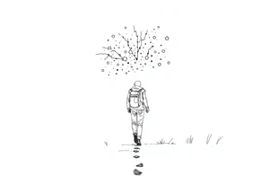 Everything everywhere all at once :Confusion and pressure in thin lines solo traveler with no face with his body parts left on the path behind him he’s walking carefully tattoo idea