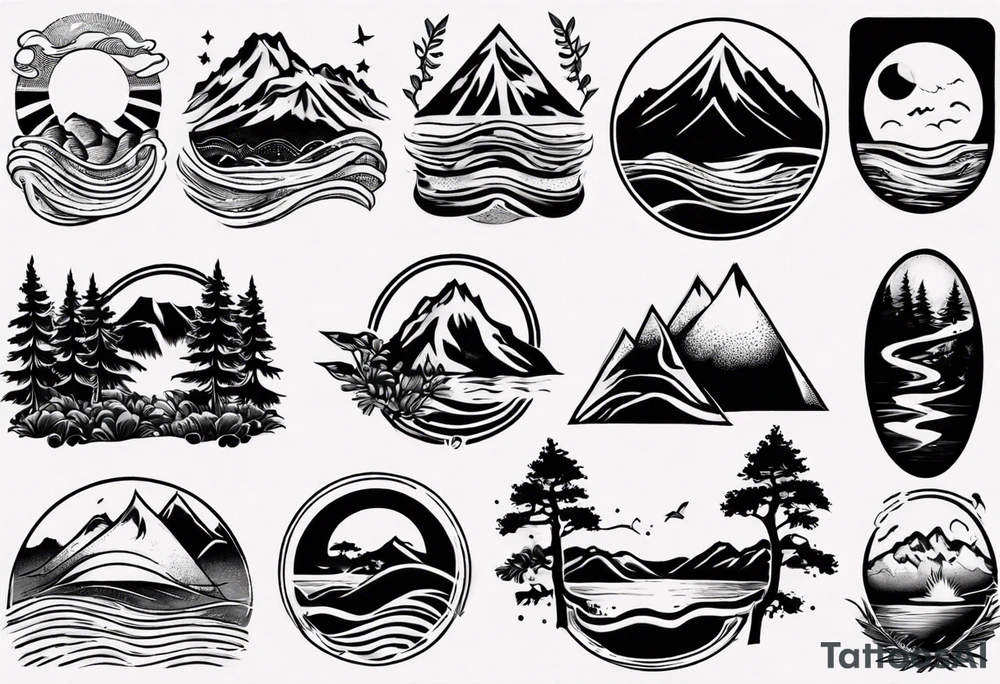 forearm tattoo with mountains, beach, waves, sunset, camping, trees tattoo idea