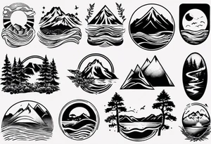 forearm tattoo with mountains, beach, waves, sunset, camping, trees tattoo idea