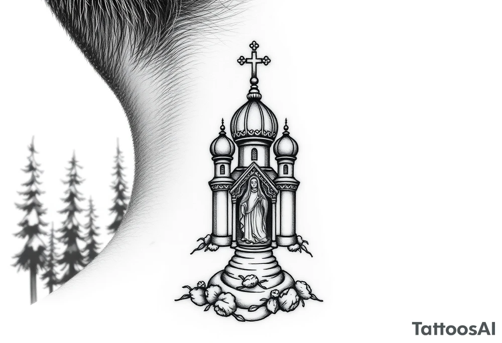 russian coat arms traditional christian orthodox cross with a virgin mary stood in the entrance of a russian orthodox dome church on the side of the neck in a wilderness setting tattoo idea