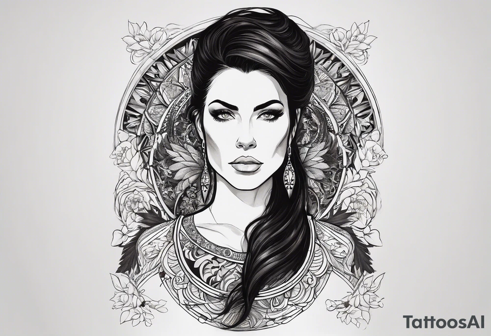 A white woman with dark hair and features. She will be posing sideways portrait style but looking head on. She needs to embody a modern warrior. . And the outside of the tattoo can fade away with smoke. It’s for my outer shoulder so it’s about 20x7cm her hair should be down and loose. She should be holding a queen of hearts that has a lion on it and another card that’s not closed. tattoo idea