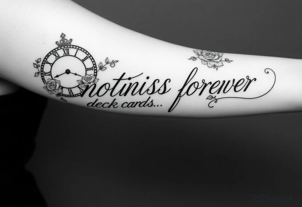 Roman clock with roses and a crown,  a quote that says nothings forever. and on the bottom a deck of cards tattoo idea