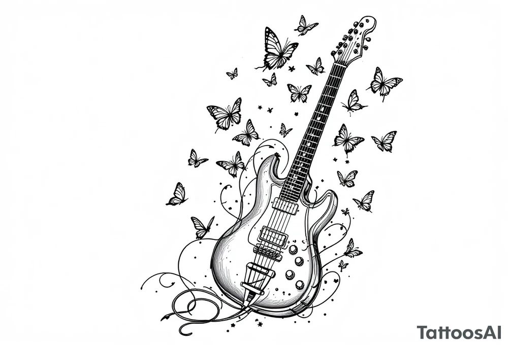 An electric guitar plugged into an amp with butterflies flying around it in memory of tattoo tattoo idea