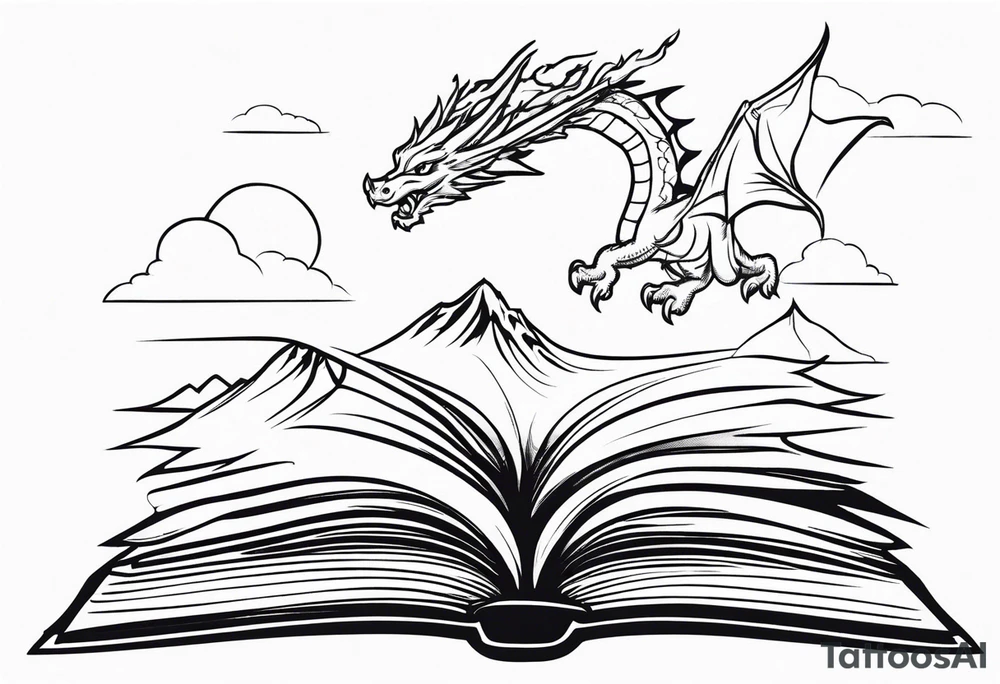 An open magic book fluttering pages. a tiny dragon with four legs flying in the sky. three mountains coming out of the book tattoo idea