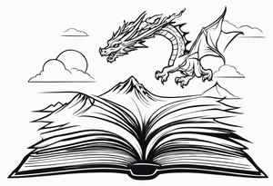 An open magic book fluttering pages. a tiny dragon with four legs flying in the sky. three mountains coming out of the book tattoo idea
