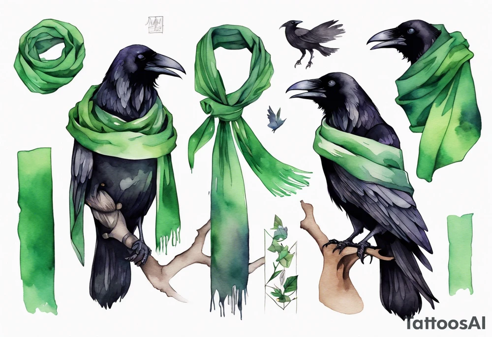 a raven wearing a thin green scarf tattoo idea