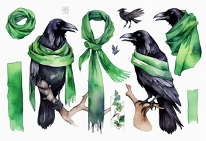 a raven wearing a thin green scarf tattoo idea