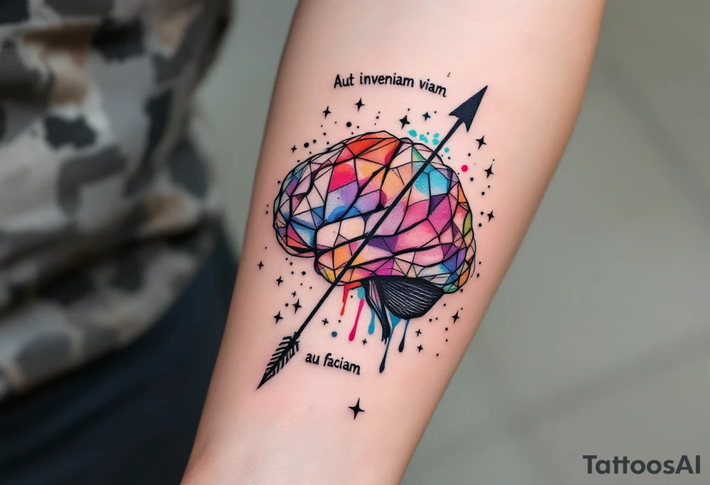 A front-seen brain in geometric and straight lines, with few watercolor details but mostly black, symbols representing intelligence, creativity and dreaming flying arround, the phrase "Aut inveniam viam aut faciam" and a detailed arrow crossing from above with watercolors leaking from its tip tattoo idea