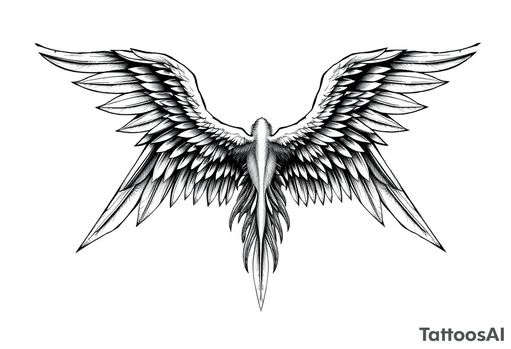 Realistic long angelwings on a back tattoo idea