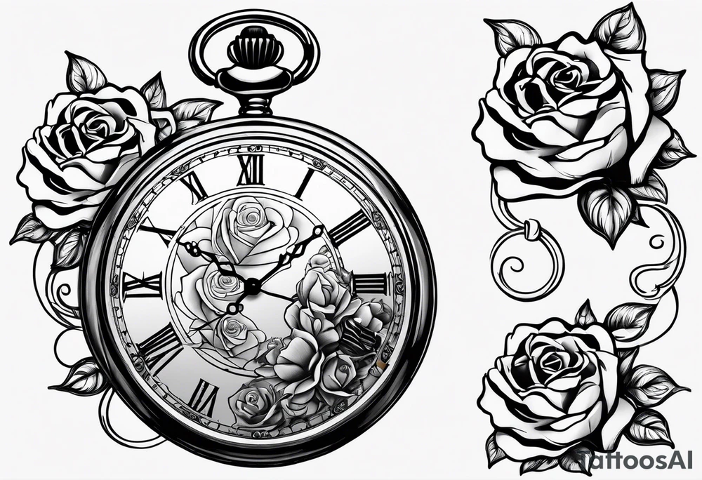 Pocket watch with chain and roses tattoo idea