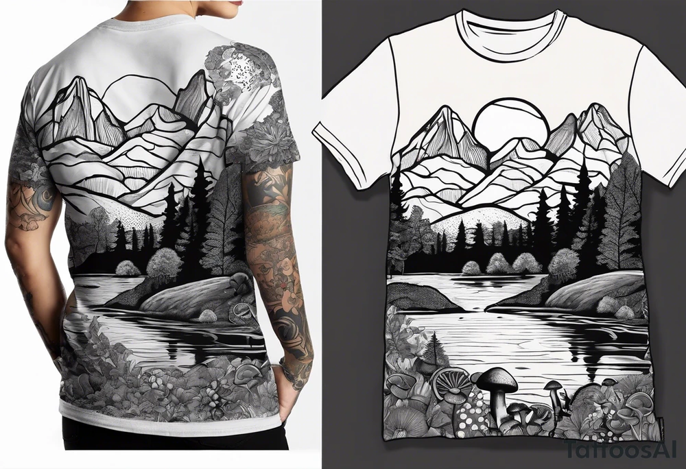 Straight long blonde hair hippie girl in distance holding mushrooms in hand facing away toward mountains and creek surrounded by mushrooms tee shirt and hiking pants

Entire tattoo encircled tattoo idea