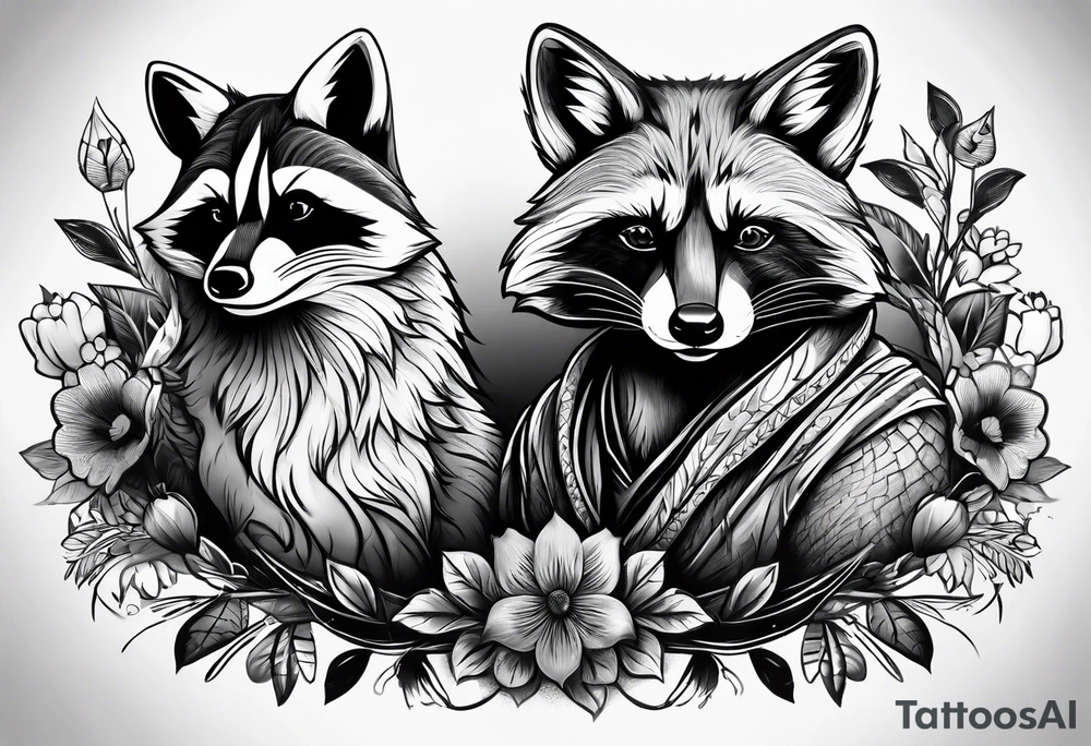 Raccoon and fox playing together tattoo idea