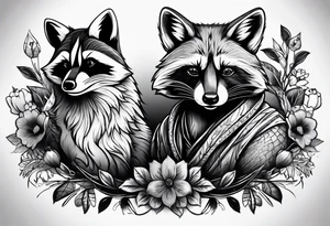 Raccoon and fox playing together tattoo idea